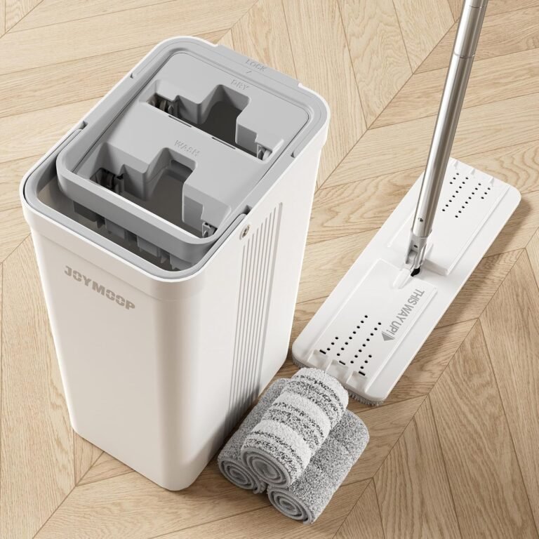 JOYMOOP Flat Mop and Bucket Set, Commercial, 3 Mop Pads, White