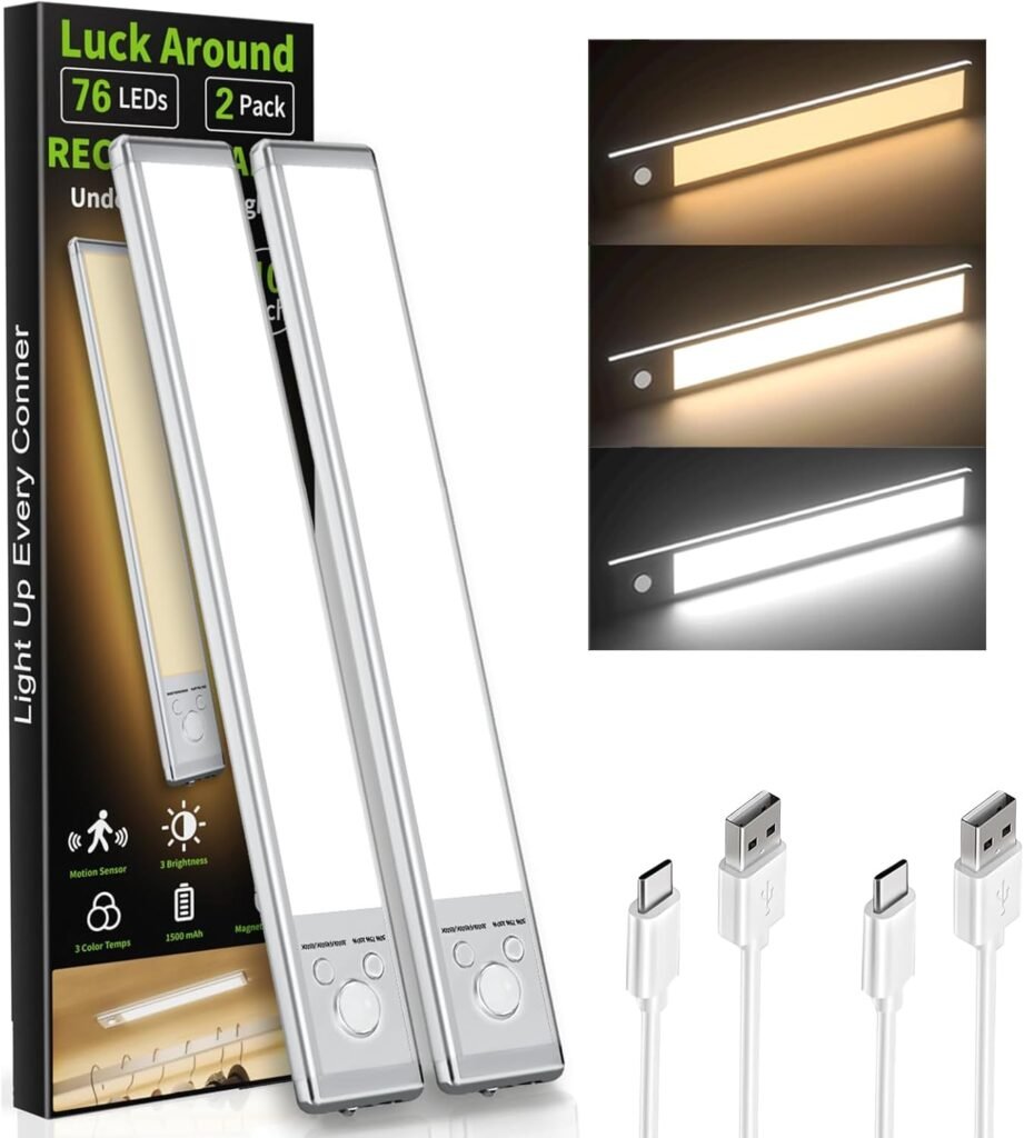 2 Pack Under Cabinet Lighting, 24cm Rechargeable Motion Sensor Light Indoor