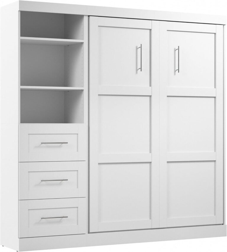 Bestar Full Murphy Bed and Storage Unit with Drawers, White, Pur, 84W