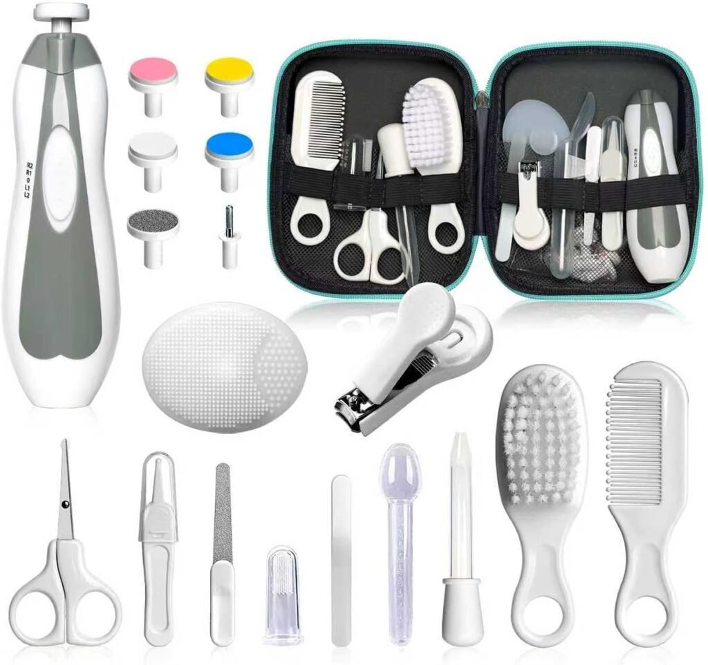 Baby Grooming Kit - 19 in 1 Nursery Essentials Baby Registry Shower Gift for Newborns, Infants, Toddlers, Boys, Girls Kids-Safety Baby Comb, Brush, Finger Toothbrush, Nail Clippers, Scissors(Grey White)