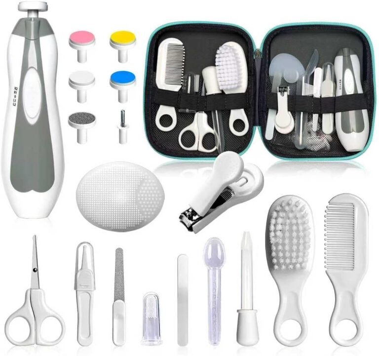 Baby Grooming Kit - 19 in 1 Nursery Essentials Baby Registry Shower Gift for Newborns, Infants, Toddlers, Boys, Girls Kids-Safety Baby Comb, Brush, Finger Toothbrush, Nail Clippers, Scissors(Grey White)
